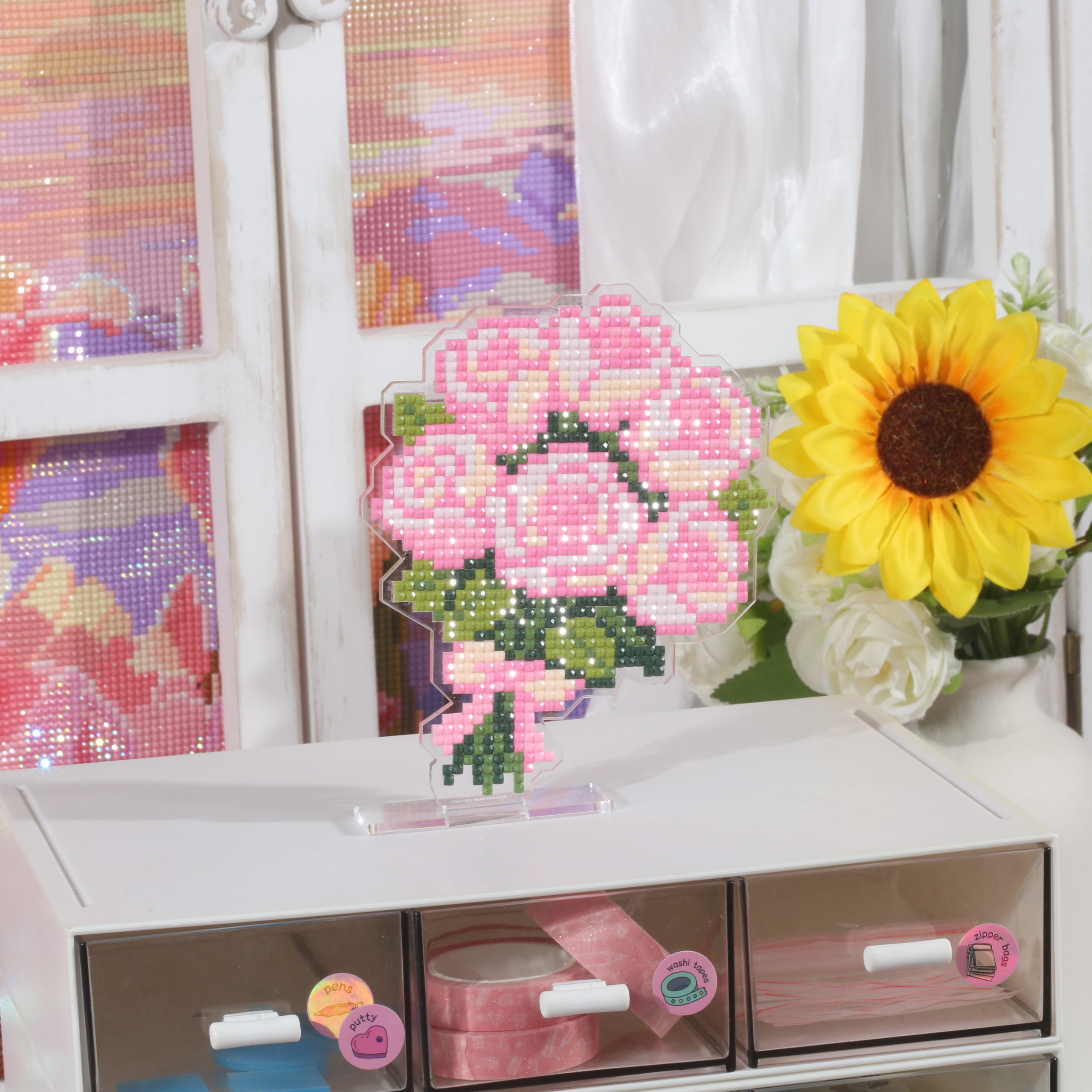Resin Art Stand - ForeverYoung Pink Rose Bouquet Acrylic Diamond
